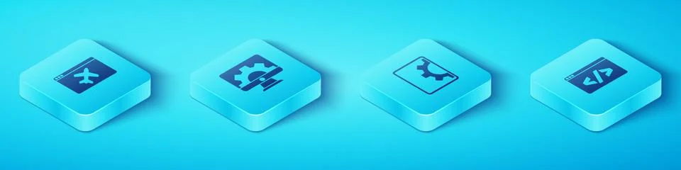 Set Isometric Website template, development, Front end and icon. Vector Illustrazione stock