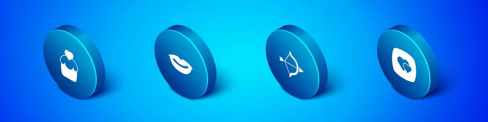 Set Isometric Wedding cake, Bow and arrow, Heart and Smiling lips icon. Vecto Illustrazione stock
