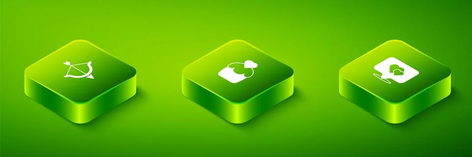 Set Isometric Wedding cake, Location with heart and Bow and arrow icon. Vector Illustrazione stock