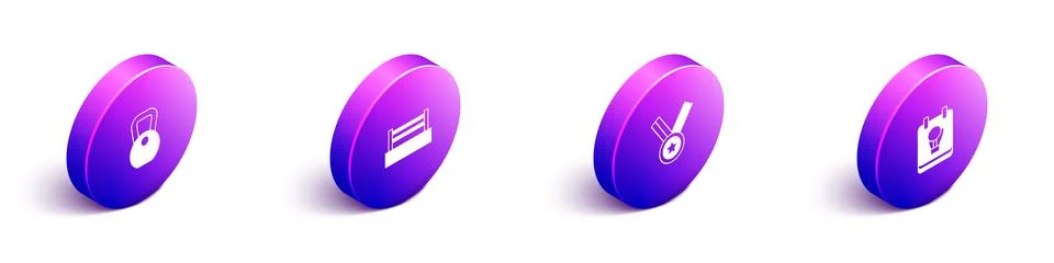 Set Isometric Weight, Boxing ring, Medal and glove icon. Vector Illustrazione stock