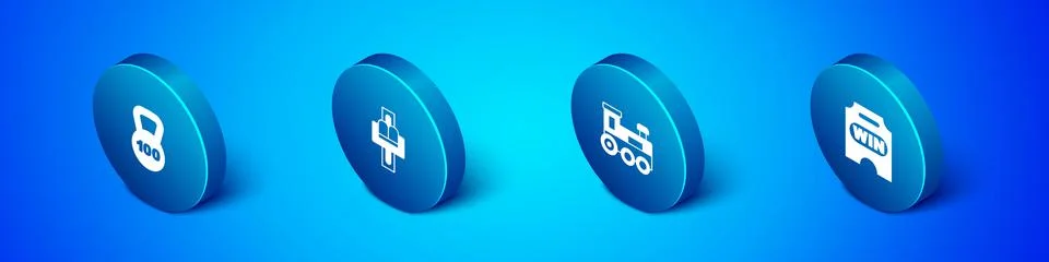 Set Isometric Weight, Toy train, Circus ticket and Attraction carousel icon Stock Illustration