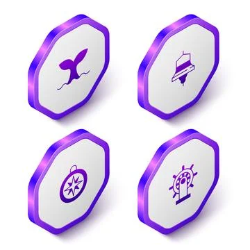 Set Isometric Whale tail, Ship bell, Compass and steering wheel icon. Purple Illustration