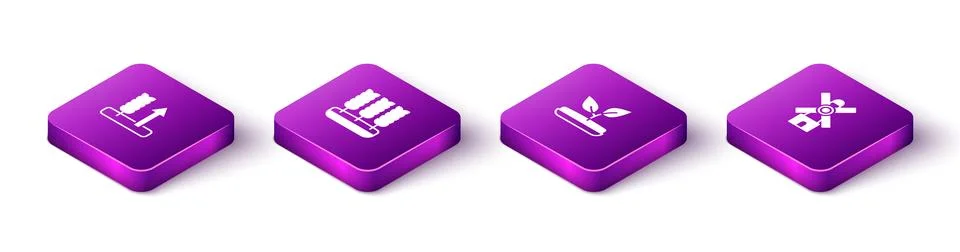 Set Isometric Wheat, , Sprout and Windmill icon. Vector Stock Illustration