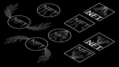 Set of Isometric white icons NTF non fungible token isolated on black backgro Stock Illustration