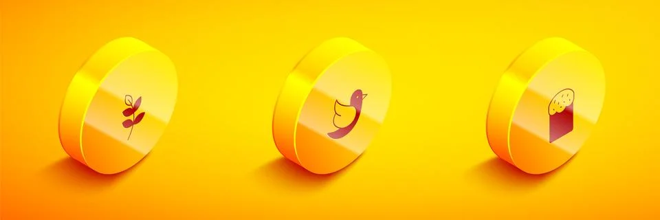 Set Isometric Willow leaf, Dove and Easter cake icon. Vector Stock Illustration