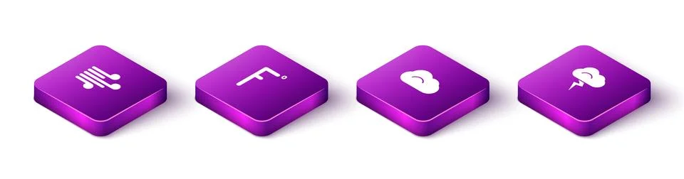 Set Isometric Wind, Fahrenheit, Cloud and Storm icon. Vector Illustrazione stock
