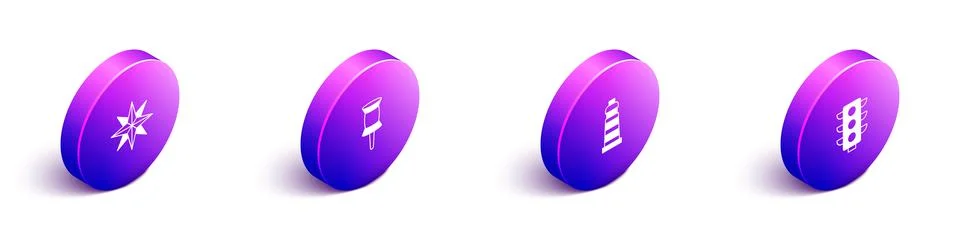 Set Isometric Wind rose, Push pin, Lighthouse and Traffic light icon. Vector Ilustración de archivo