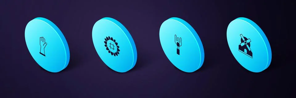 Set Isometric Windmill, Garden rake, Sunflower and Rubber gloves icon. Vector Stock Illustration