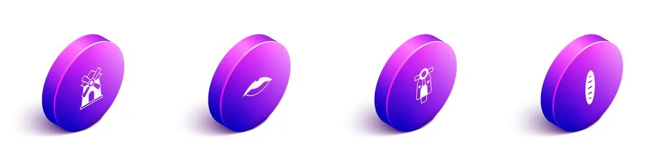 Set Isometric Windmill, Smiling lips, Scooter and French baguette bread icon Stock Illustration