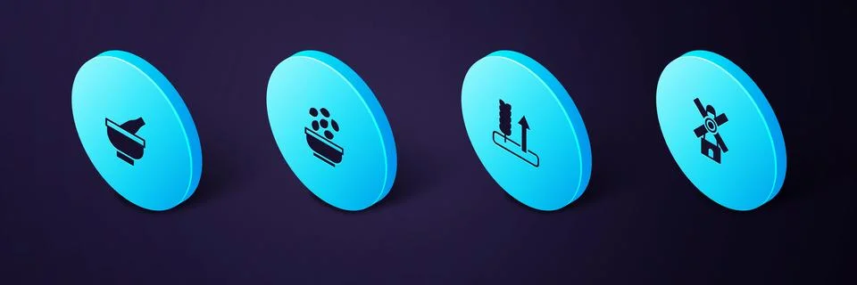 Set Isometric Windmill, Wheat, Seeds bowl and Mortar and pestle icon. Vector Stock Illustration