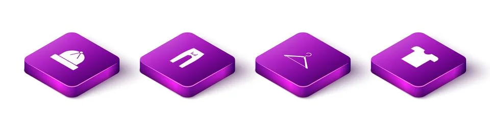 Set Isometric Winter hat, Pants, Hanger wardrobe and T-shirt icon. Vector Stock Illustration