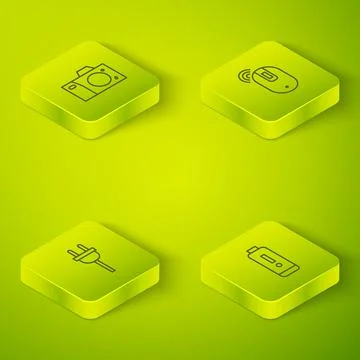 Set Isometric Wireless computer mouse, Electric plug, Battery charge level Stock Illustration