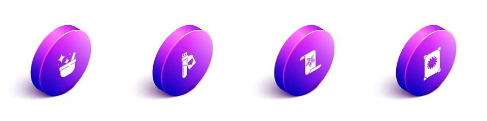 Set Isometric Witch cauldron, Bottle with love potion, Ancient magic book and Ilustração Stock