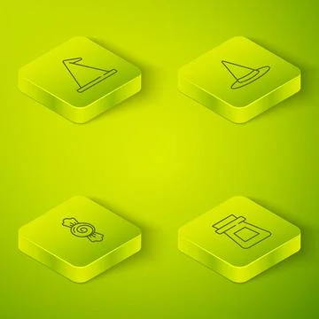 Set Isometric Witch hat, Candy, Bottle with potion and icon. Vector Illustrazione stock