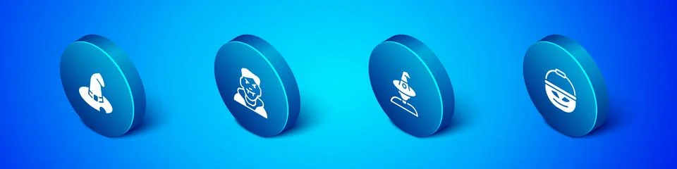 Set Isometric Witch hat, , Pumpkin basket for sweets and Vampire icon. Vector Stock Illustration