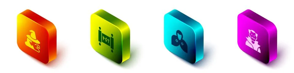 Set Isometric Witch, Magic scroll, Mantle, cloak, cape and Vampire icon. Vector Stock Illustration