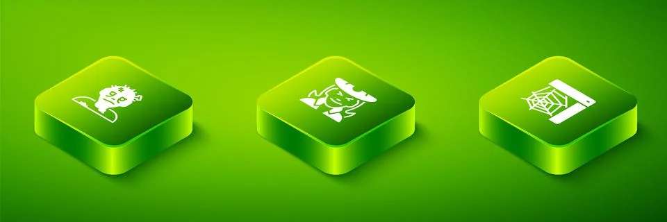 Set Isometric Witch, Spider web and Zombie mask icon. Vector Stock Illustration
