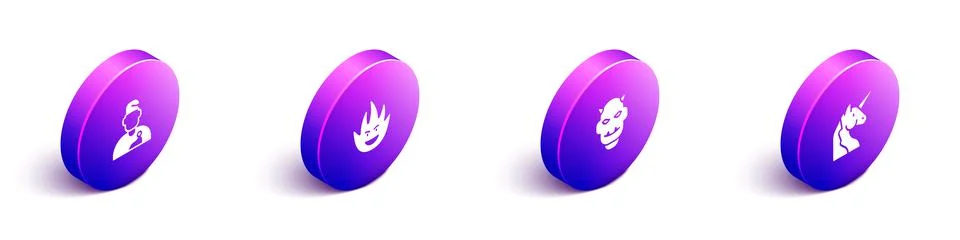 Set Isometric Wizard warlock, Fire flame, Mask of the devil with horns and Illustrazione stock