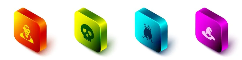 Set Isometric Wizard warlock, Skull, Witch cauldron and hat icon. Vector Stock-Illustration