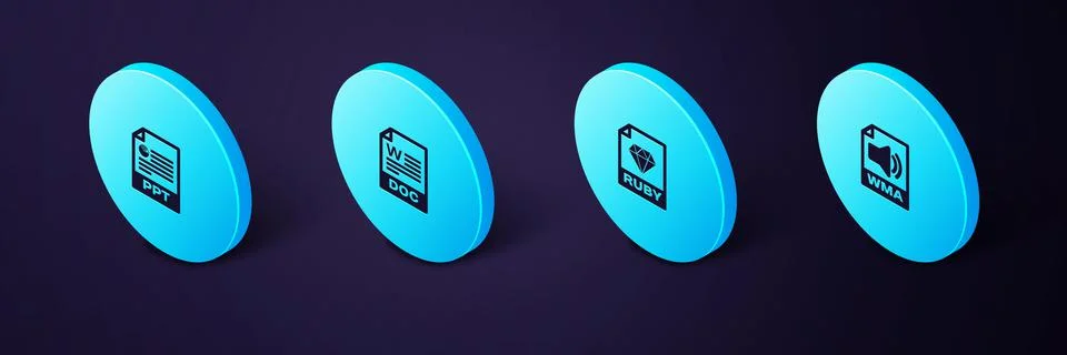 Set Isometric WMA file document, RUBY, DOC and PPT icon. Vector Stock Illustration