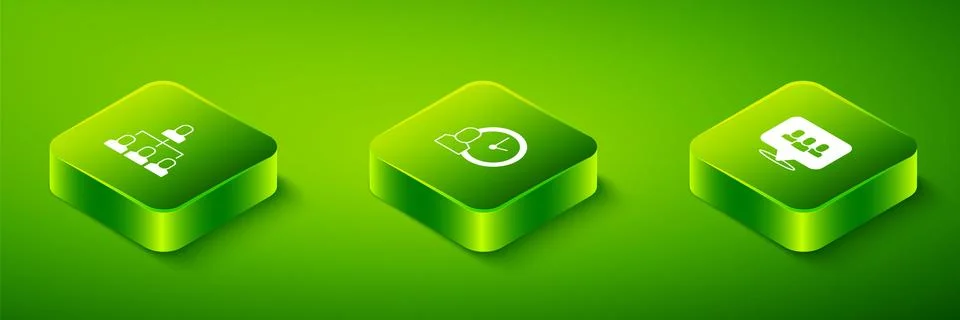 Set Isometric Work time, Project team base and Employee hierarchy icon. Vector Stock Illustration