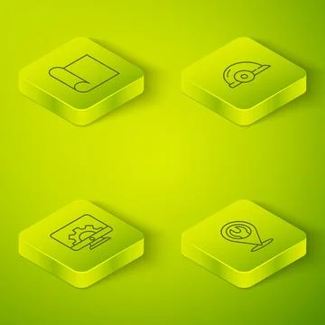 Set Isometric Worker safety helmet, Computer monitor and gear, Location with 스톡 일러스트