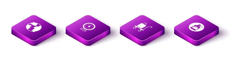 Set Isometric Worldwide, Clock, Trolley baggage and No alcohol icon. Vector Stock Illustration