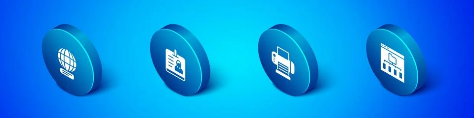 Set Isometric Worldwide, Printer, Browser files and Identification badge icon 스톡 일러스트