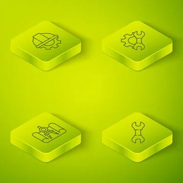 Set Isometric Wrench spanner and gear, Graphing paper compass, and Worker safety Stock Illustration