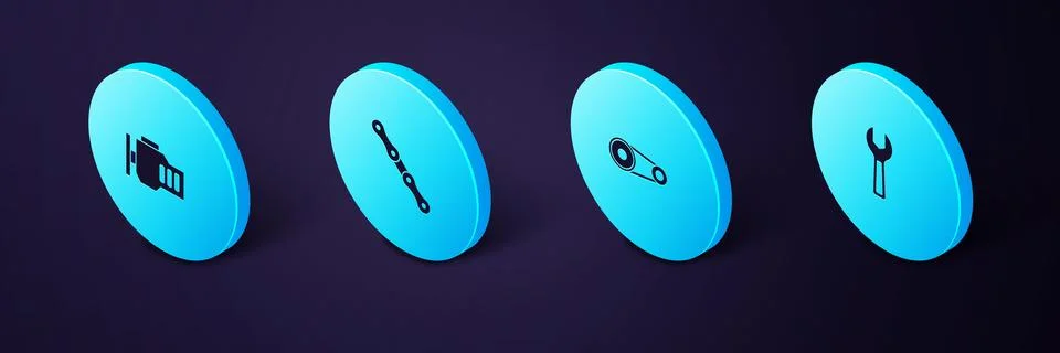 Set Isometric Wrench spanner, Timing belt kit, Car chain and Check engine ico Stock Illustration