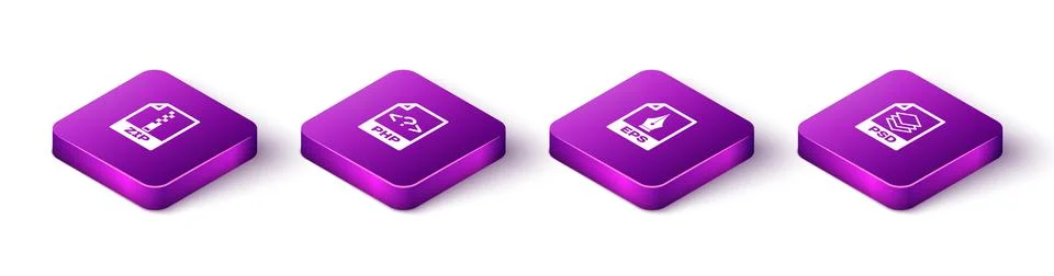 Set Isometric ZIP file document, PHP, EPS and PSD icon. Vector Stock Illustration