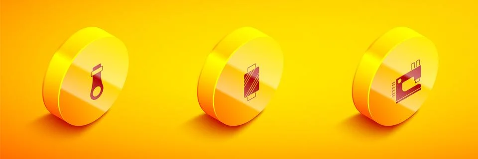 Set Isometric Zipper, Sewing thread on spool and machine icon. Vector Stock Illustration