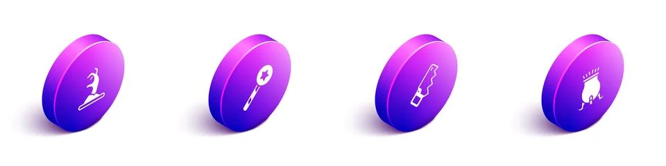 Set Isometric Zombie hand, Magic wand, Hand saw and Witch cauldron icon. Vect Stock Illustration