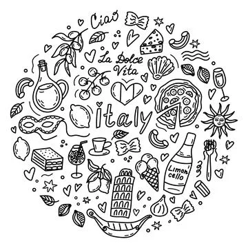 Set with Italian attributes. Individual elements of romantic Italy. Stock Illustration