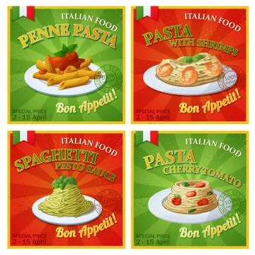 Set of Italian pasta posters. Vector illustration Stock Illustration