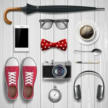 Set of items and accessories for the student and hipster. Lying Stock-Illustration