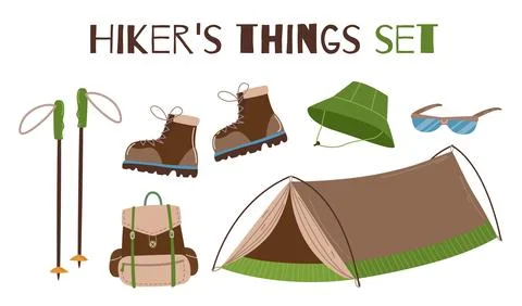 Set of items and clothes for a successful trip: camping tent, backpack, hat.. Stock Illustration