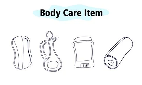 A set of items for the bathroom. Solid soap and deodorant, perfume and towel 库存插图