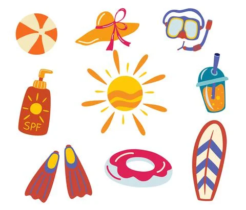 Set of items for the beach. Accessories for summer holidays. Inflatable Circl Stock Illustration