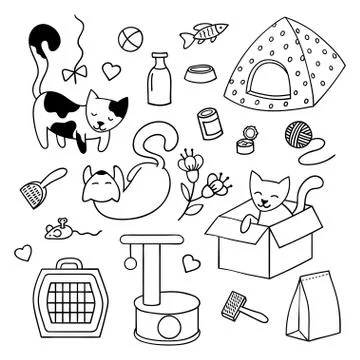 Set of items for the care of kittens. Black and white cute doodles. Stock Illustration