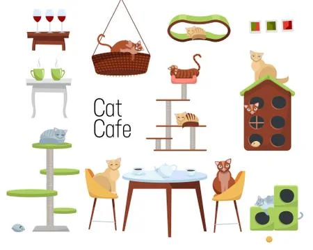 Set of items for cat cafe from different cats and furniture - cat houses and  Stock Illustration