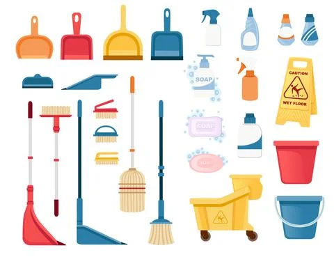 A set of items for cleaning and cleaning floors and disinfecting objects vector Stock Illustration