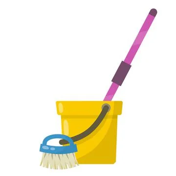 Set of items for cleaning the house. Yellow bucket, MOP, brush Stock-Illustration