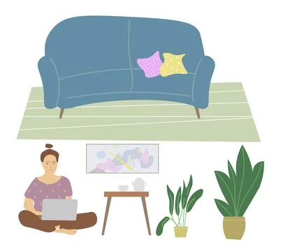 A set of items for a composition from remote work at home: sofa, carpet, gi.. Stock Illustration