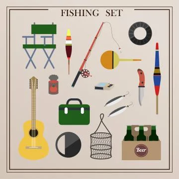 A set of items for fishing with nets and a fishing rod. Vector illustrations of Stock Illustration