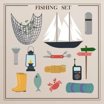 A set of items for fishing with nets and a fishing rod. Vector illustrations of Stock Illustration