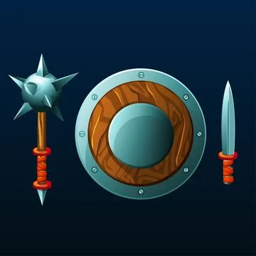 Set of items for game. Shield, mace and knife Stock Illustration