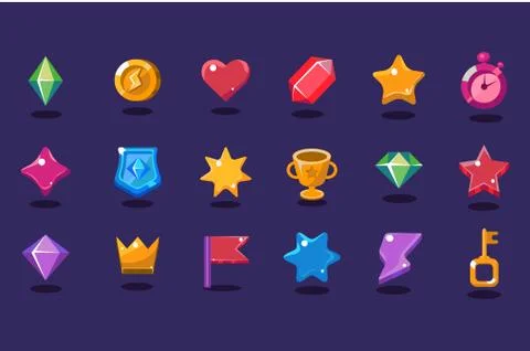 Set of items for gaming interface. Crystal, coin, heart, star, stopwatch, shield Illustrazione stock