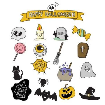 Set of items for Halloween illustration vector hand drawn with black lines Stock Illustration