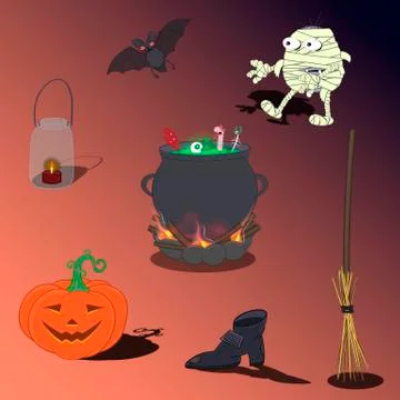 Set of items for halloween. Pumpkin, lantern, bat, cauldron, broom, mummy, br Stock Illustration